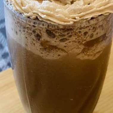 Mocha Cookie Frozen Coffee with Coffee Whipped Cream.