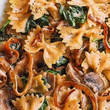 Creamy Bow Tie Pasta with Spinach, Mushrooms, Caramelized Onions