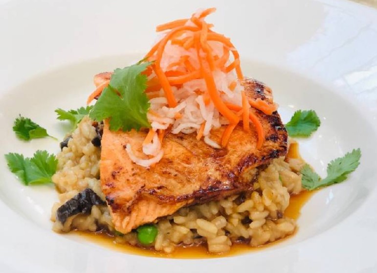 Bahn-Mi Glazed Salmon with Pho Broth Risotto