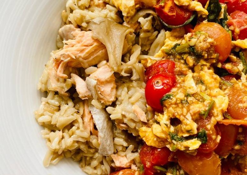 Mushroom Salmon Rice with Tomato Basil Eggs