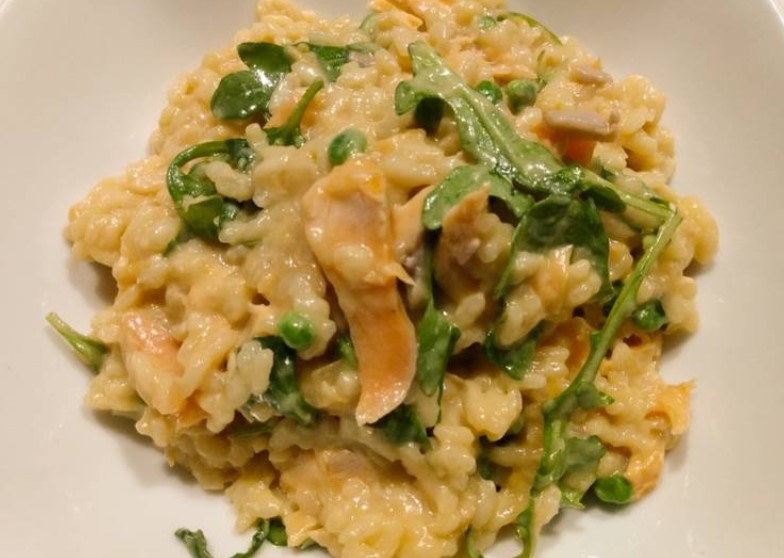 Salmon, pea and arugula risotto